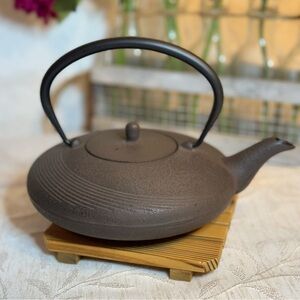 Nambu Brown Cast Iron‎ Tea Pot Disc Shape Roji Moon with Wood Stand